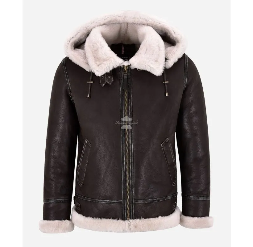 ALEX Men's Sheepskin Hooded Jacket Classic B3 Shearling Fur Winter Jacket