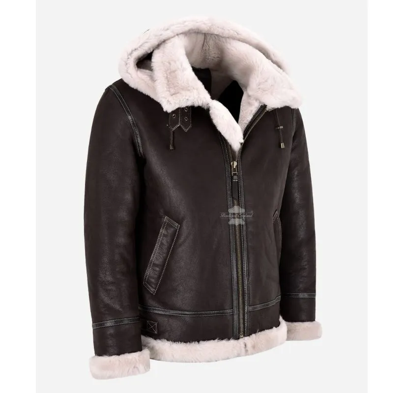 ALEX Men's Sheepskin Hooded Jacket Classic B3 Shearling Fur Winter Jacket