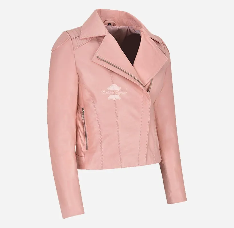 BLUSH BREEZE Soft Pink Lamb Napa Leather Biker Jacket