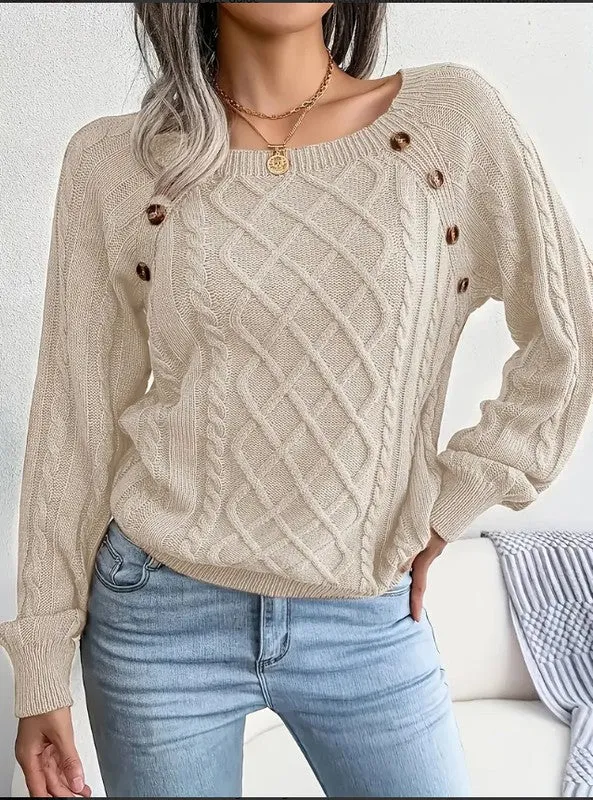 Cable knit preppy button round square  top sweater