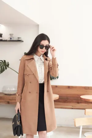 Camel Double-Breasted Belted Trench Coats