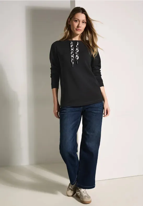 Cecil Black Modal Sweatshirt with contrast drawsring . 303038