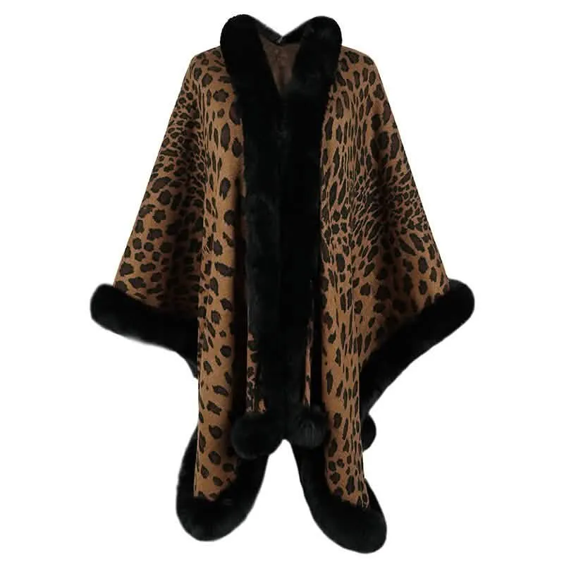 Chic Leopard Print Winter Cape Coat with Luxurious Fur Collar for Women