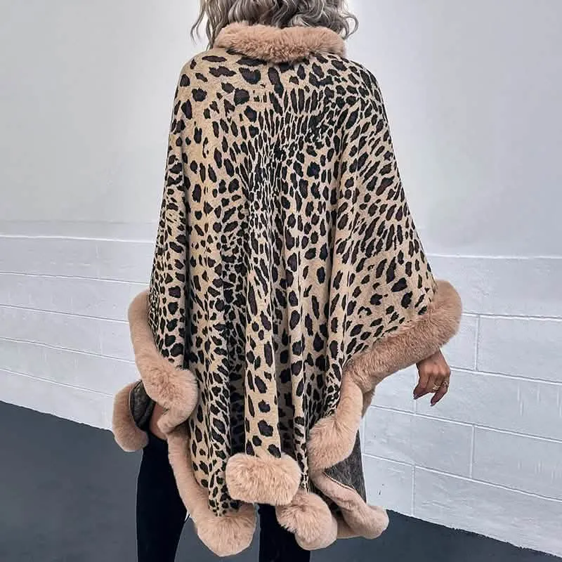 Chic Leopard Print Winter Cape Coat with Luxurious Fur Collar for Women