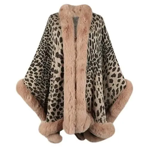 Chic Leopard Print Winter Cape Coat with Luxurious Fur Collar for Women