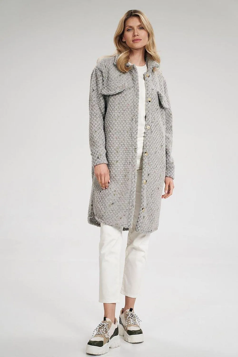 Chic Patchwork Wool Blend Midi Coat with Decorative Details