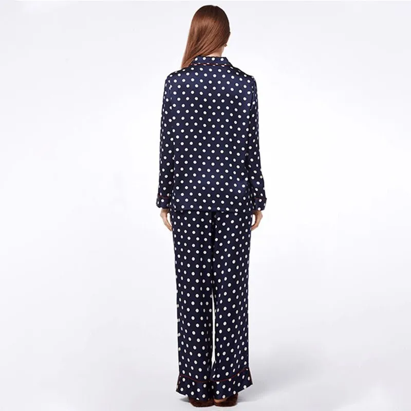 Classic Dot Long Sleeves Mulberry Silk Sleepwear Silk Pajama Set For Women