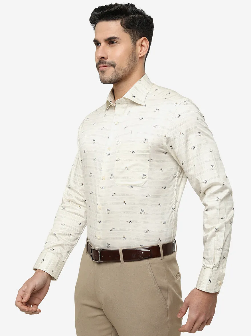 Cream Printed Slim Fit Formal Shirt | Metal