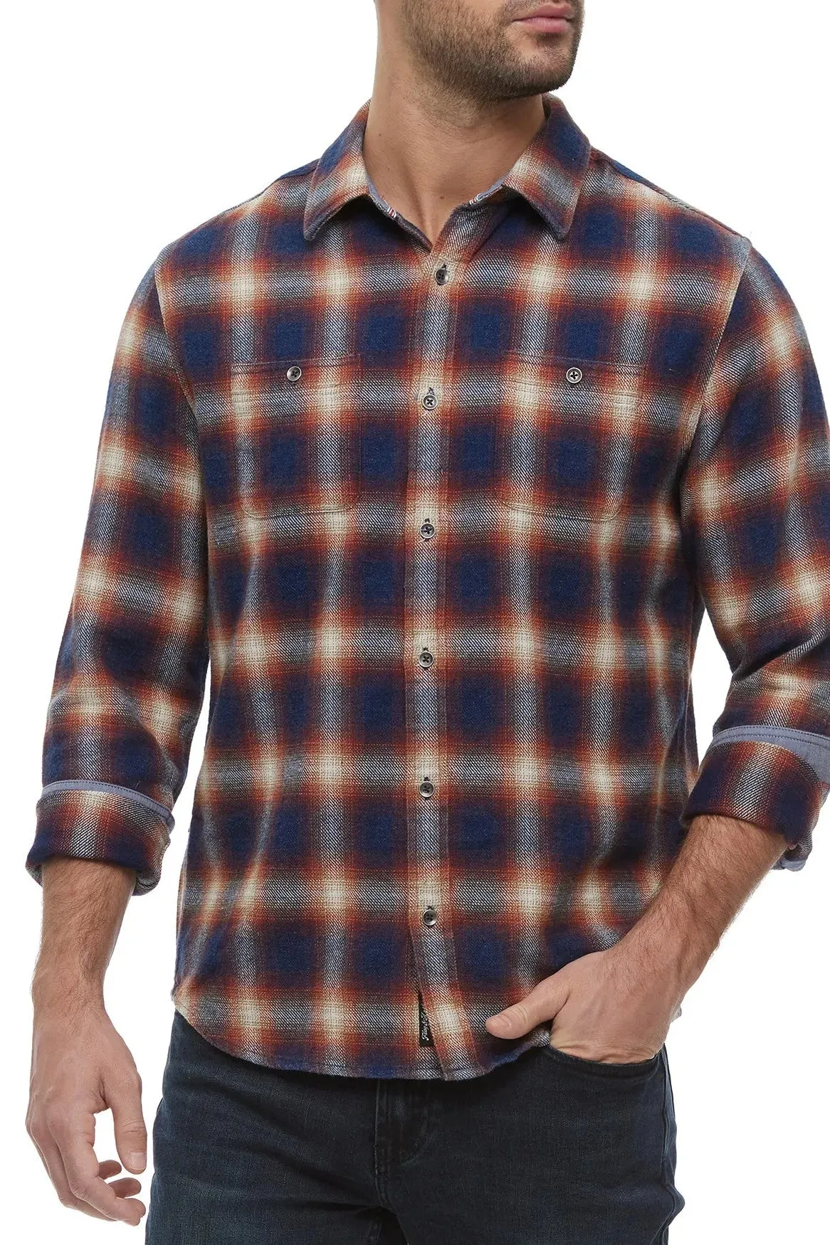 Flag & Anthem Allendale Long Sleeve Vintage Wash Flannel Shirt in Navy/Rust