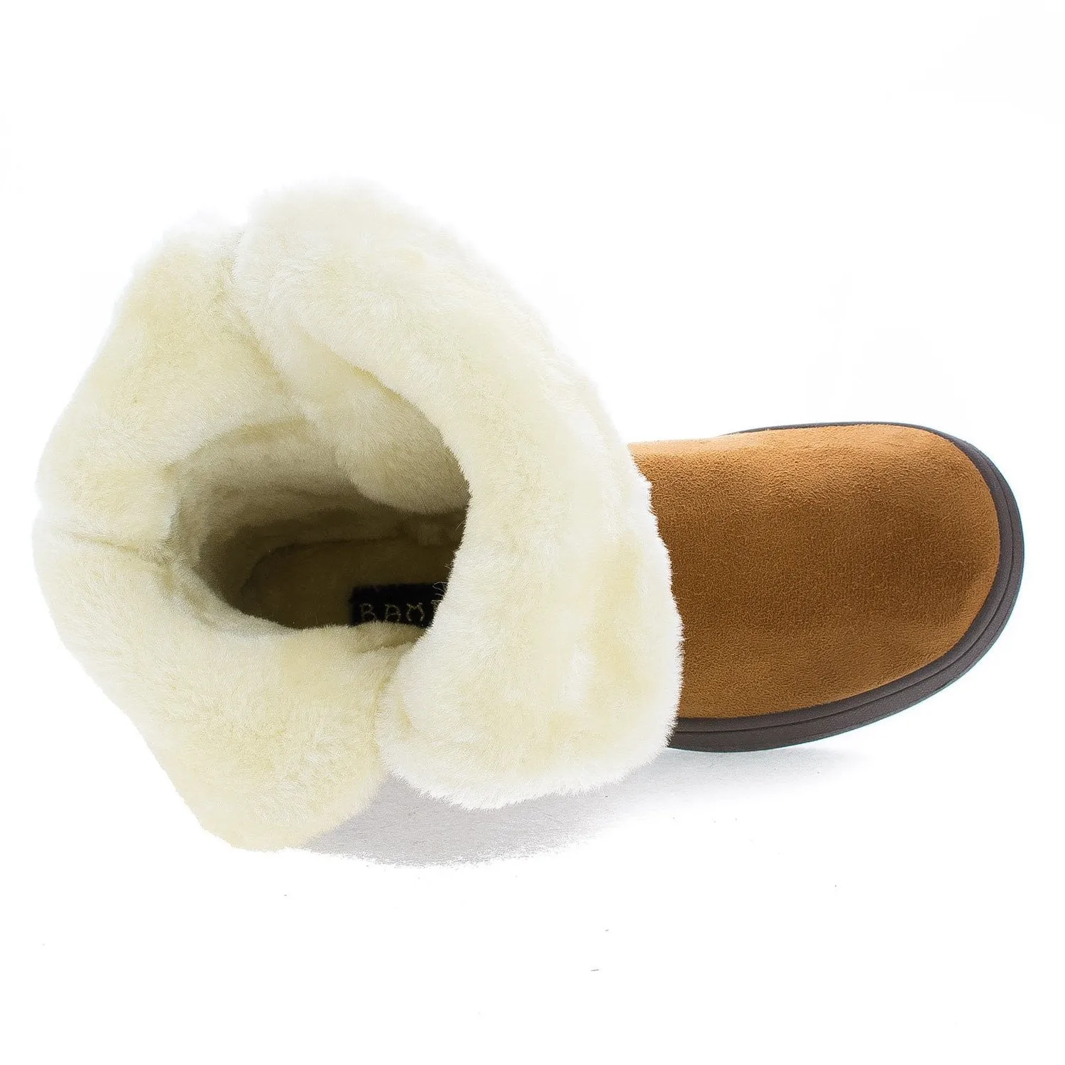 Fur Crystal Button Gem Vegan Suede Mid-Calf Durable Outdoor Boot