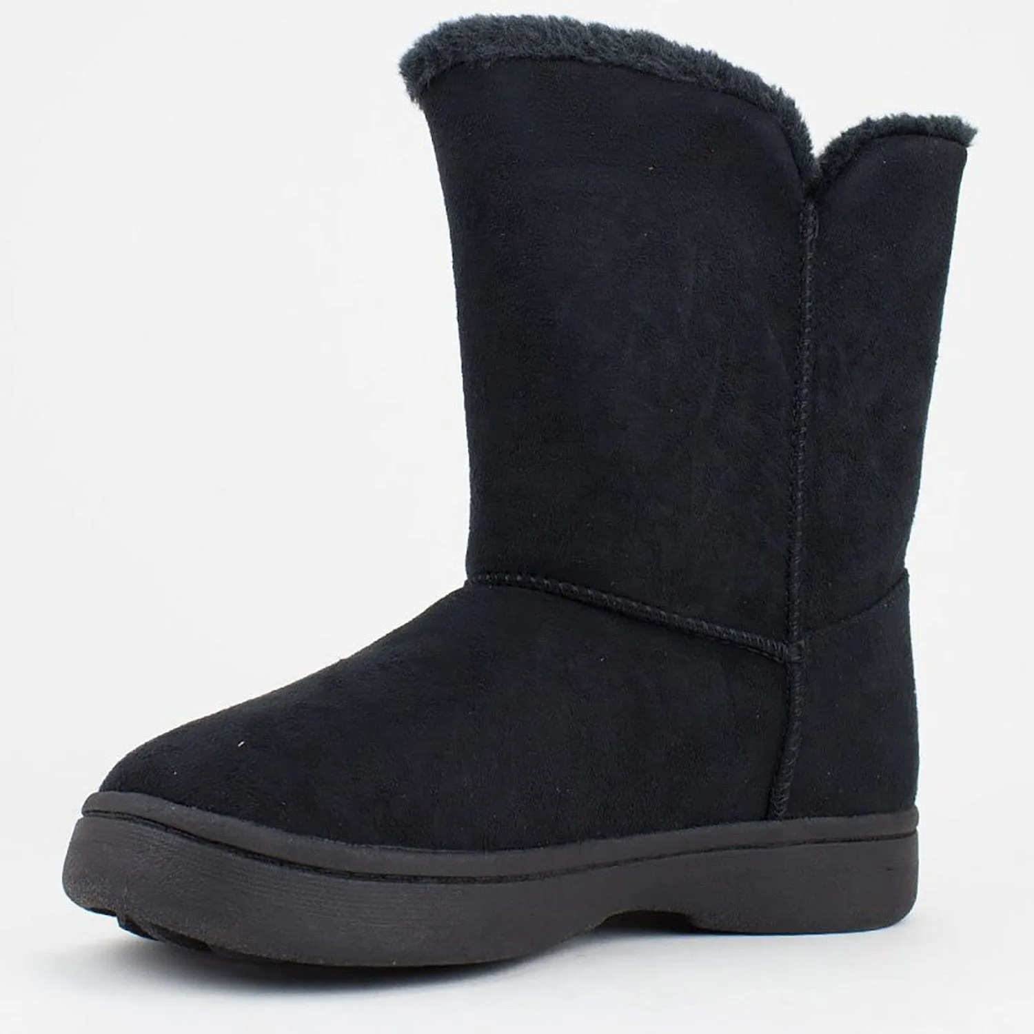 Fur Crystal Button Gem Vegan Suede Mid-Calf Durable Outdoor Boot