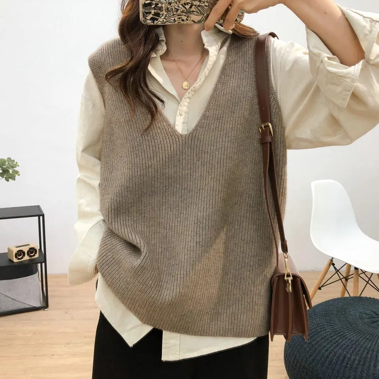 Graduation Gifts   Sleeveless Knitted Sweater Vest Women Autumn Winter 2022 Loose Cashmere Pullover Women Sweaters Vintage V-neck Jumper Vest 16798