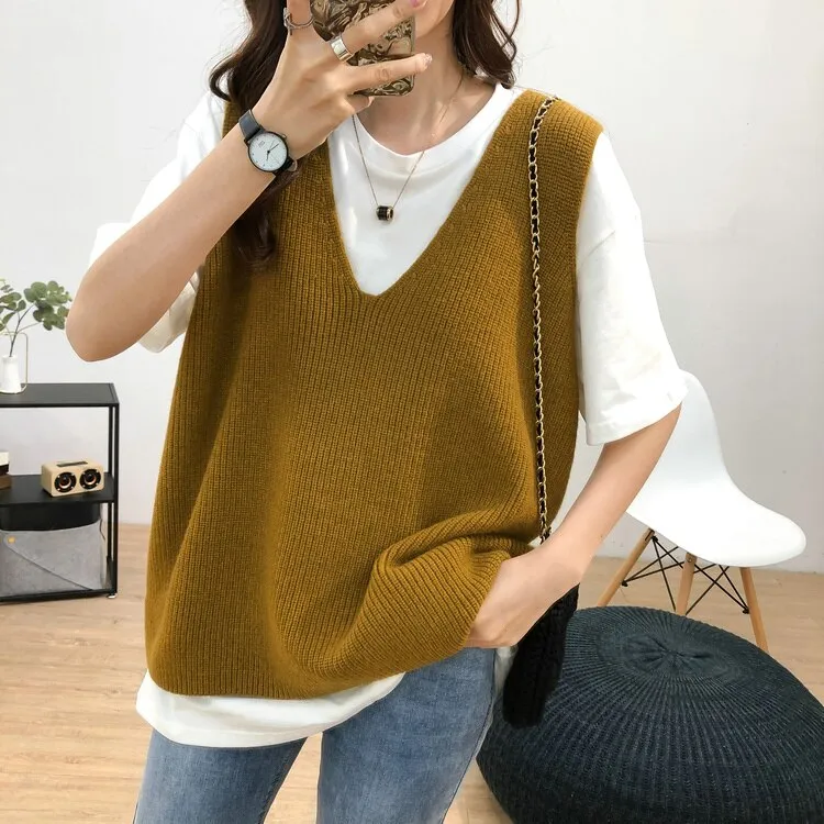 Graduation Gifts   Sleeveless Knitted Sweater Vest Women Autumn Winter 2022 Loose Cashmere Pullover Women Sweaters Vintage V-neck Jumper Vest 16798