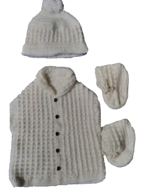 Graminarts Handmade Woolen Crochet Shawl Collar Half Cardigan For New Born Baby Boys- White