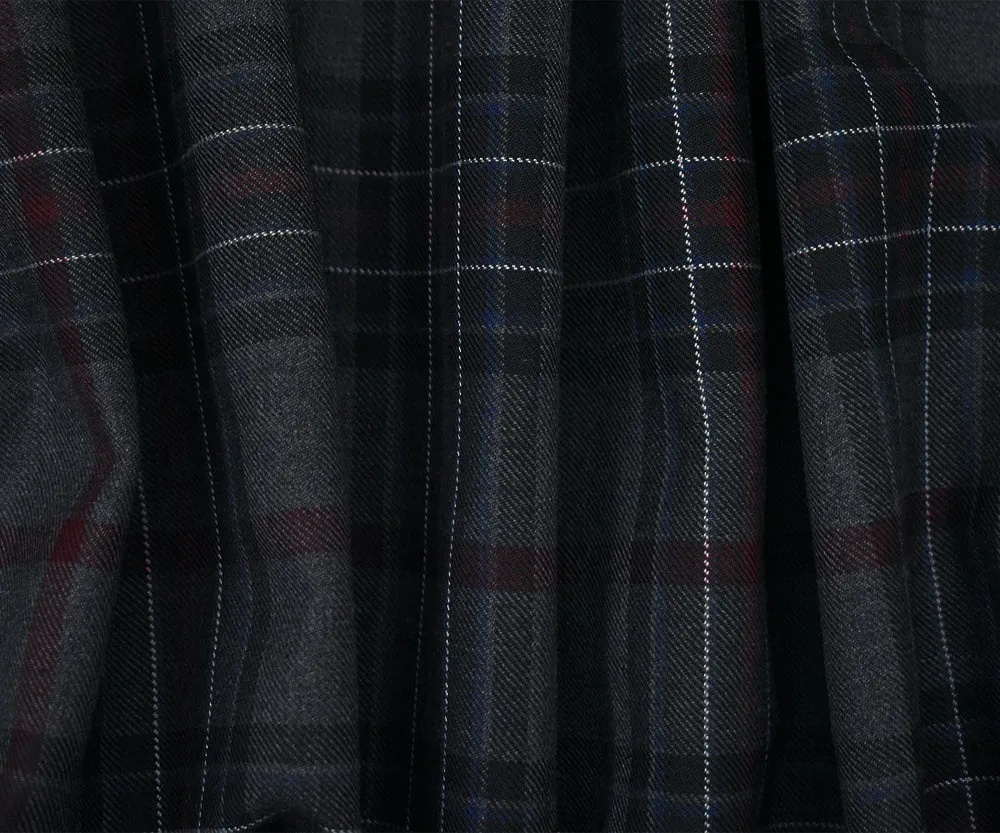 Gray-Burgundy-Multi Wool Polyester Blend Plaid Twill Woven Suiting Fabric