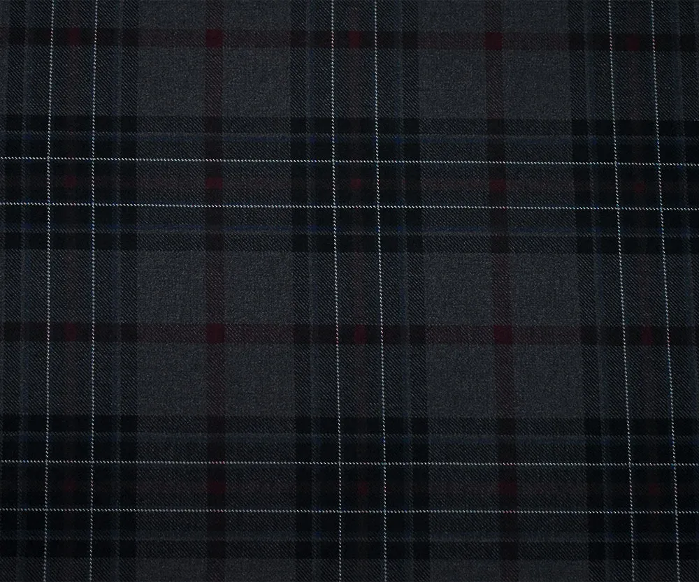 Gray-Burgundy-Multi Wool Polyester Blend Plaid Twill Woven Suiting Fabric