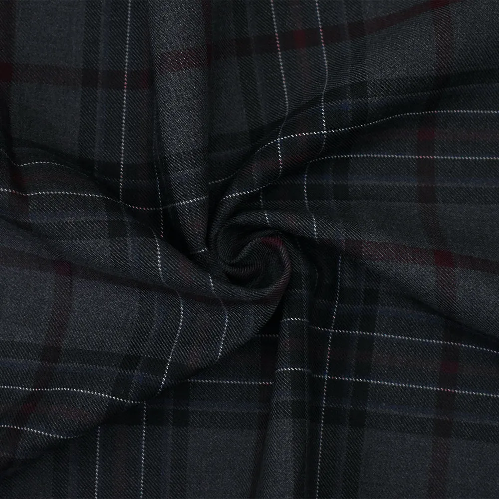 Gray-Burgundy-Multi Wool Polyester Blend Plaid Twill Woven Suiting Fabric