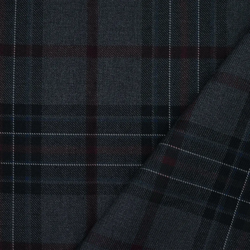 Gray-Burgundy-Multi Wool Polyester Blend Plaid Twill Woven Suiting Fabric