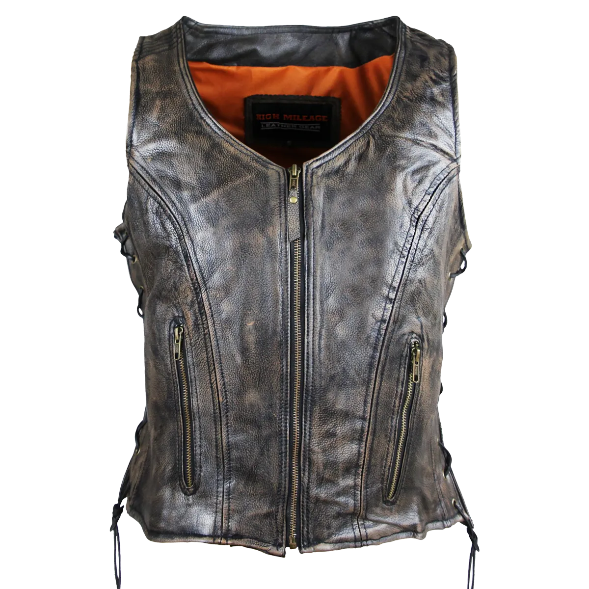 HML1029DB Vance Leather High Mileage Ladies Distressed Brown Lace Side Vest