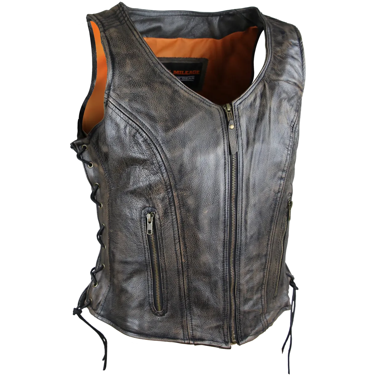 HML1029DB Vance Leather High Mileage Ladies Distressed Brown Lace Side Vest