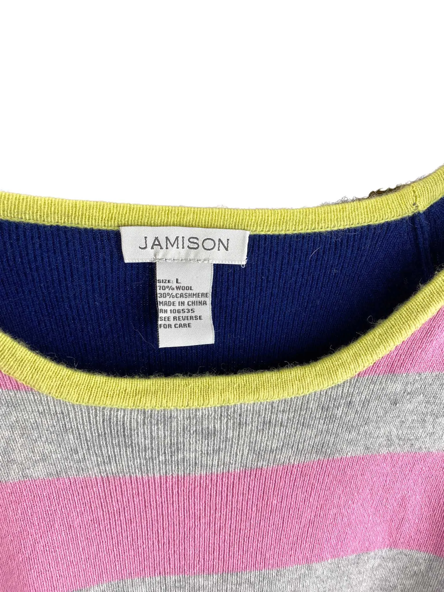 Jamison by Evereve, Women's Wool/Cashmere Striped Sweater, Navy/Multi, Size L