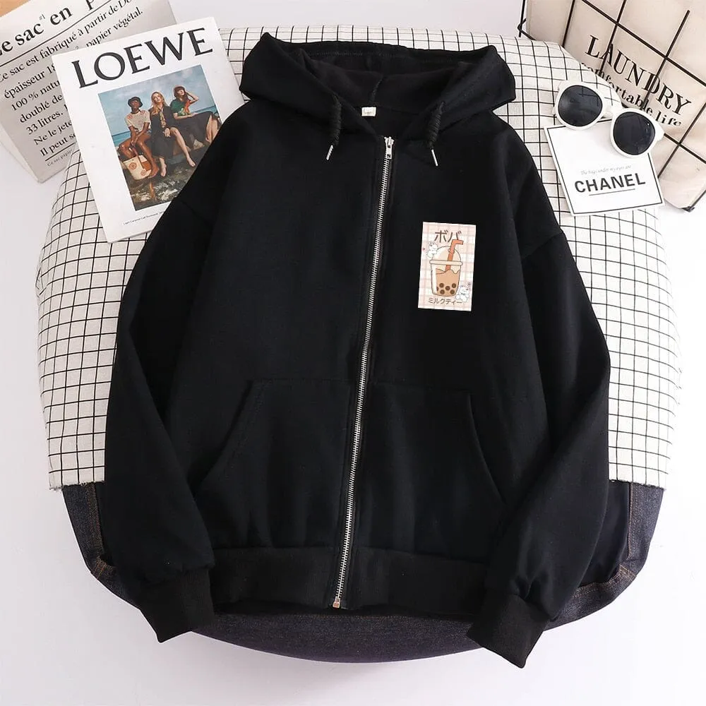 Kawaii Boba Milk Tea Soft Zip-Up Hoodie