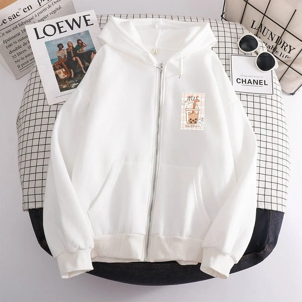 Kawaii Boba Milk Tea Soft Zip-Up Hoodie