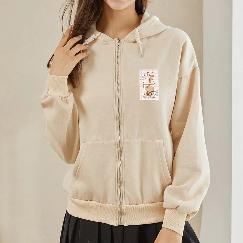 Kawaii Boba Milk Tea Soft Zip-Up Hoodie