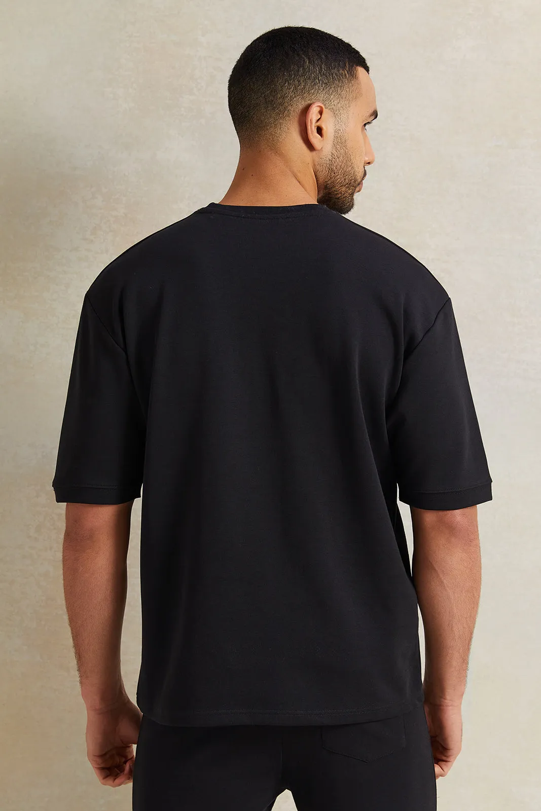 Men Black Pleated Interlock Lounge T-Shirt