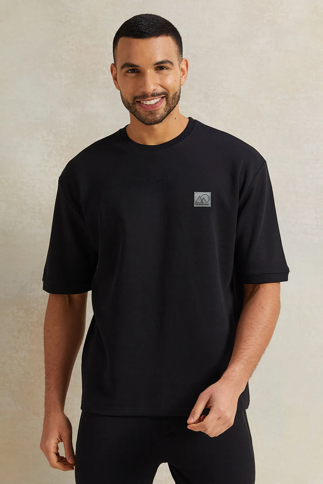 Men Black Pleated Interlock Lounge T-Shirt