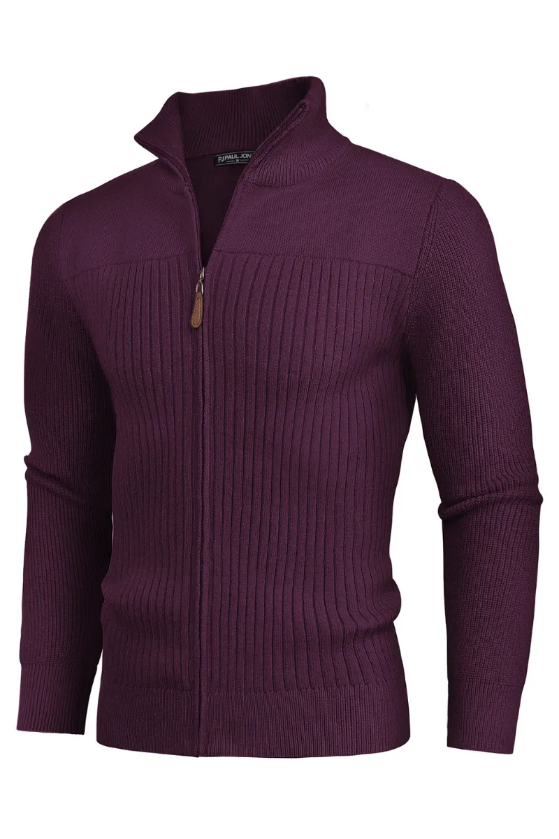 Men Stylish Stand Collar Cardigan Long Sleeve Zip-up Sweater Knitwear