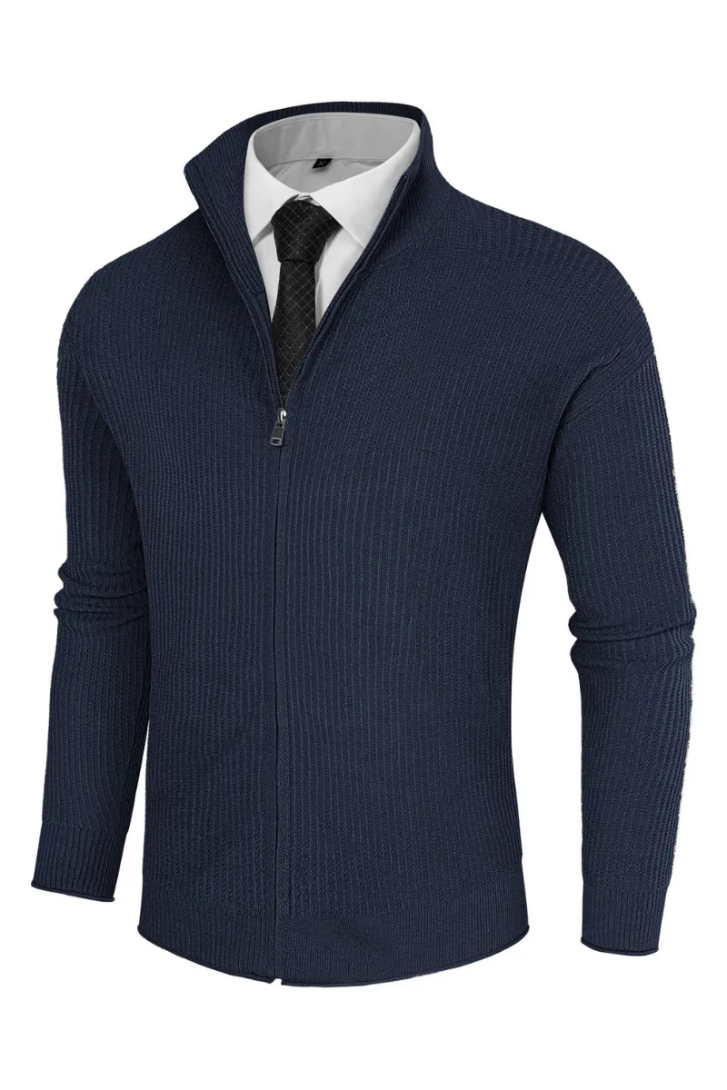 Men Zip-up Cardigan Long Sleeve Stand Collar Dropped Shoulder Sweater