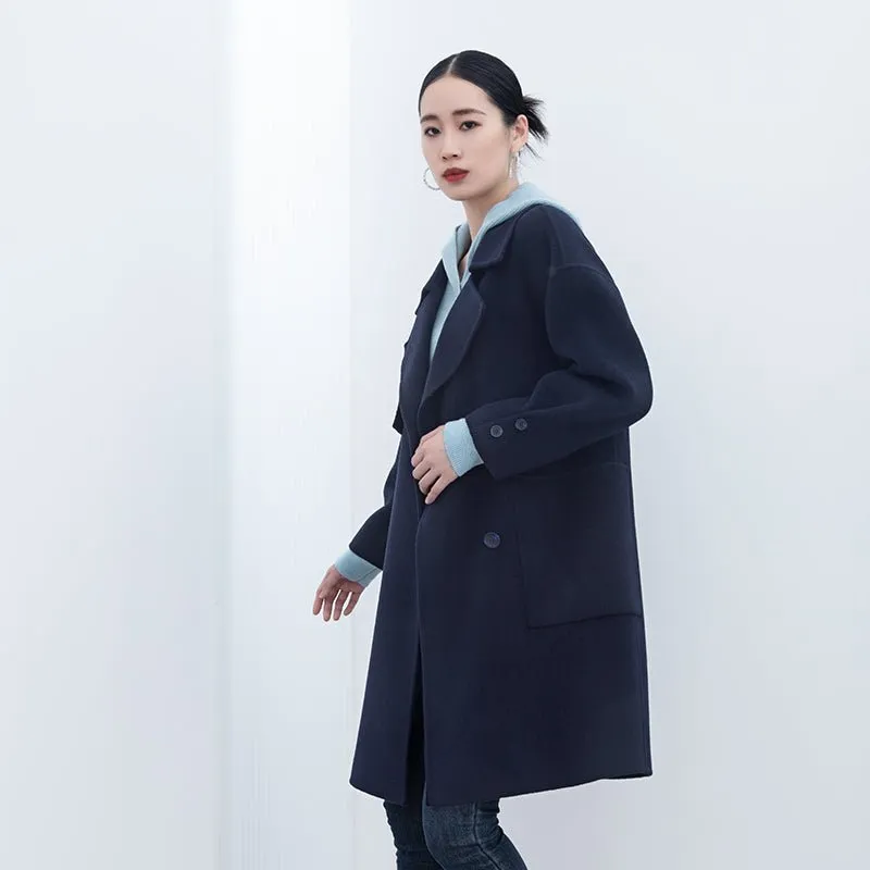 Navy Blue Long Woolen Coats with Belt