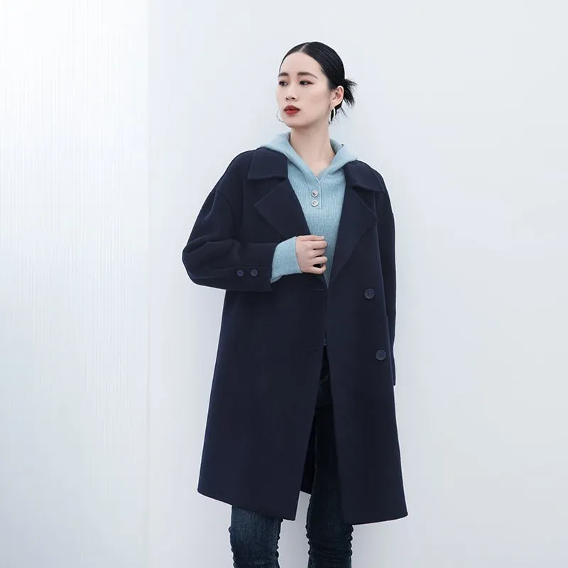 Navy Blue Long Woolen Coats with Belt