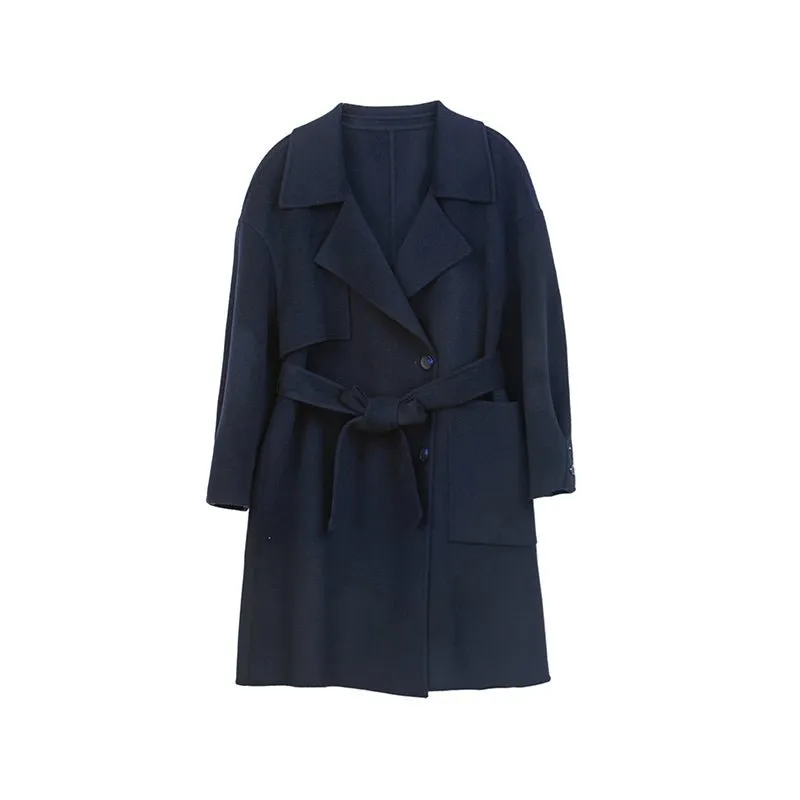 Navy Blue Long Woolen Coats with Belt