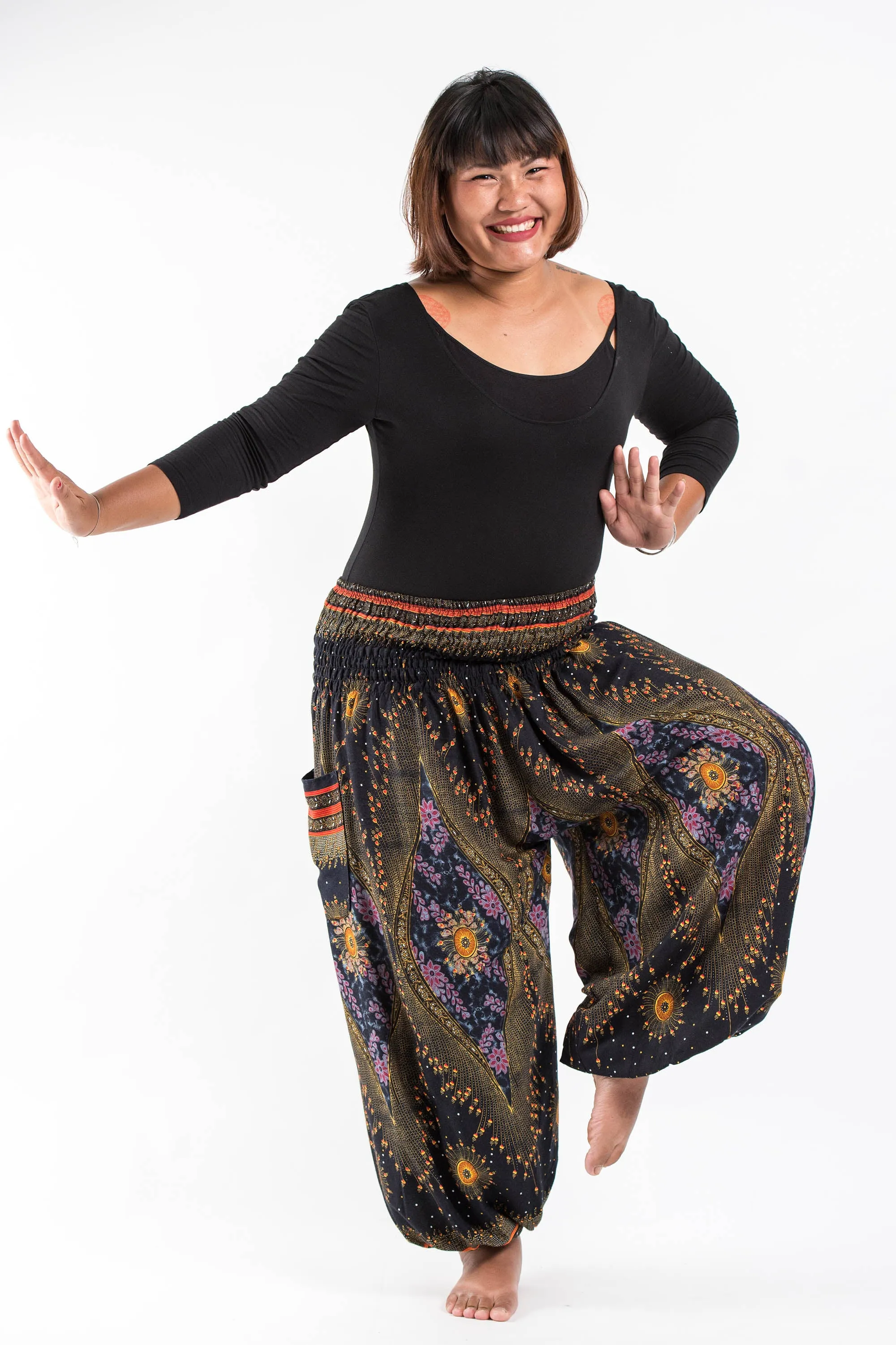 Plus Size Unisex Peacock Eye Harem Pants in Black