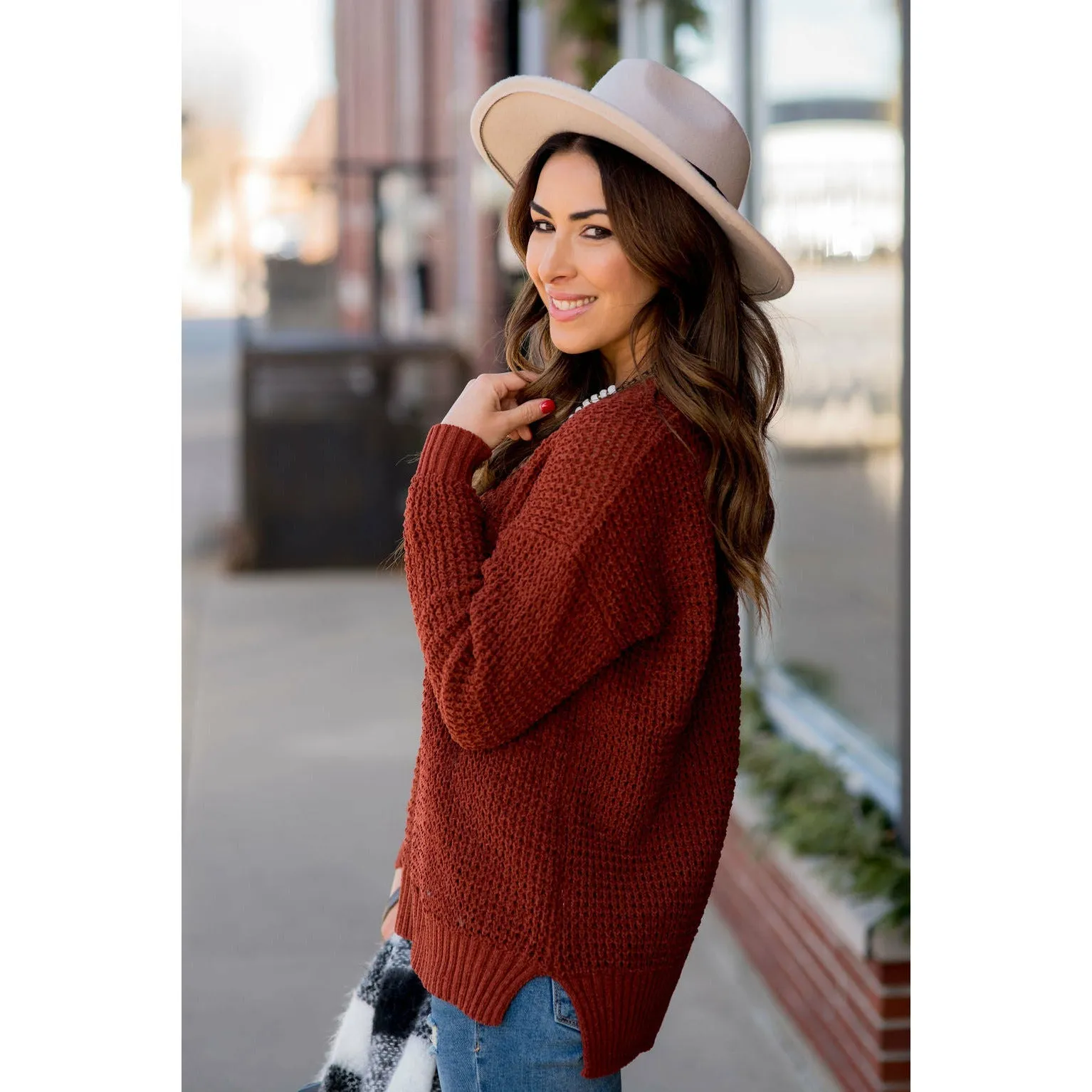 Ribbed Knit Side Slit Sweater