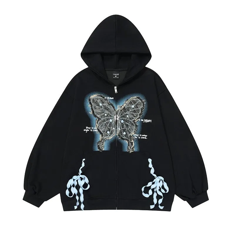 Women butterfly patch strap hoodies oversized