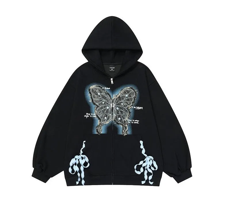 Women butterfly patch strap hoodies oversized