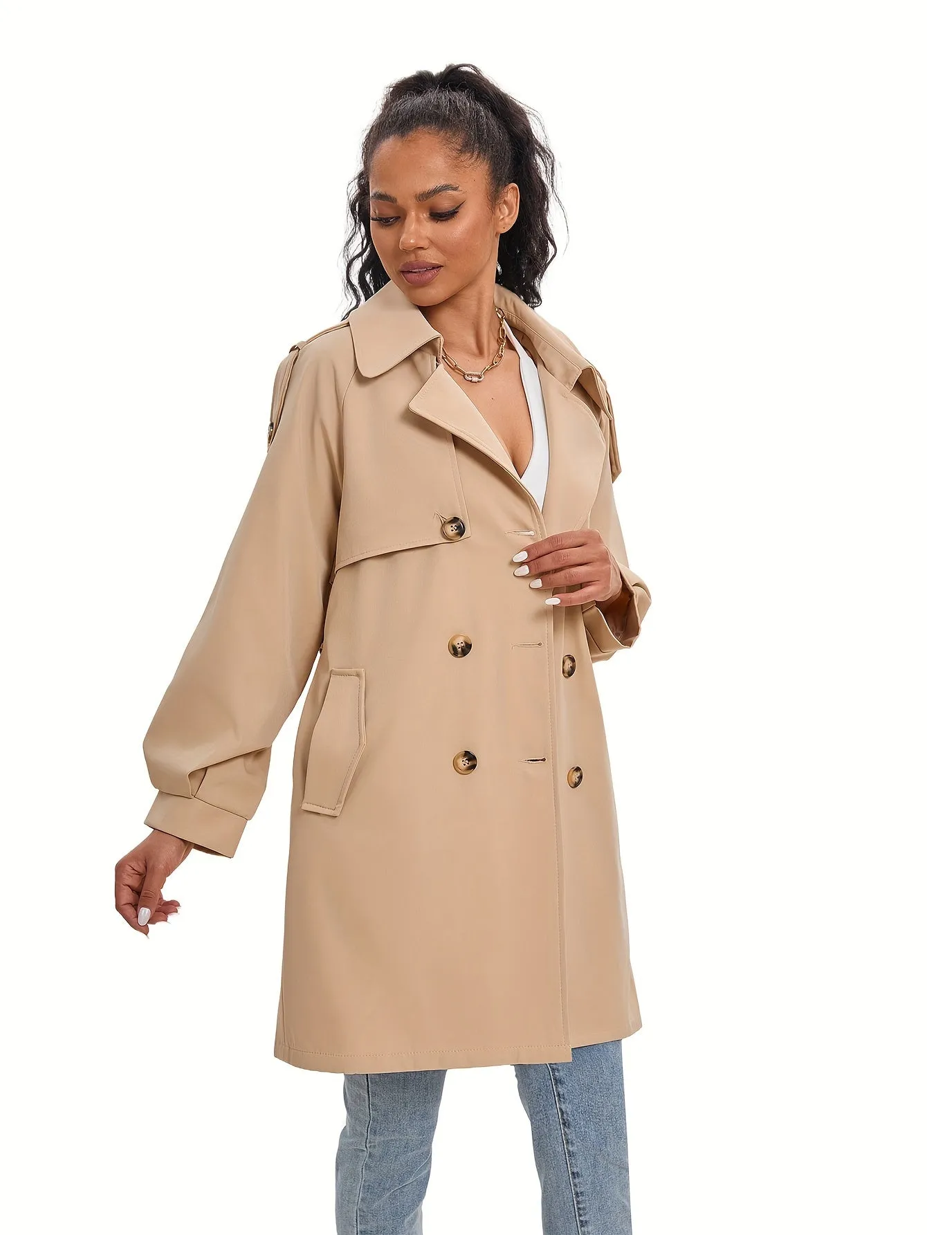 Women's Classic Double-Breasted Trenchcoat with Puff Sleeves | Ideal for Autumn/Winter